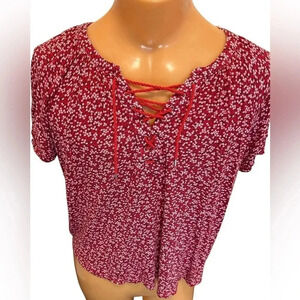 Chaps Red Floral Summer Blouse with tie closing. Size XXL Measurements-Pics EUC